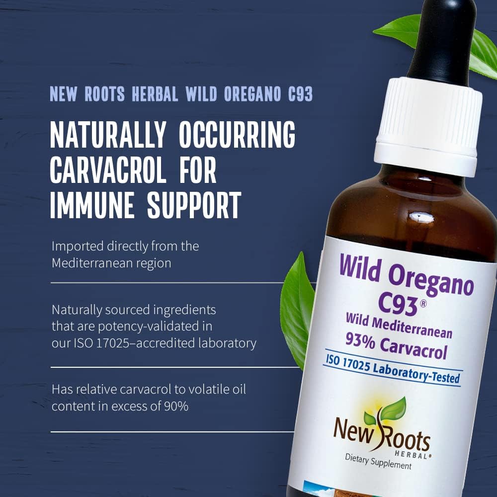 NEW ROOTS HERBAL Wild Oregano C93 Oil 1 fl oz (30 ml) Liquid Drops | Organic Immune Support Supplement | Highest Natural Carvacrol Concentration | Alcohol Free, Non GMO, Vegan, Gluten Free : Health & Household
