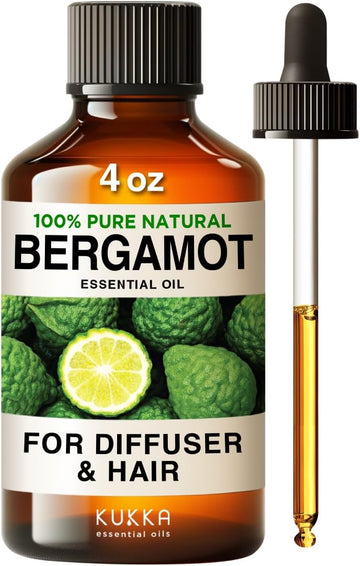 Kukka Bergamot Essential Oil For Diffuser - 4 Fl Oz - 100% Pure Natural Bergamota Oil For Hair - Essential Oils Bergamot Oil For Skin, Shampoo & Aromatherapy, Soap Making Scent, Diy