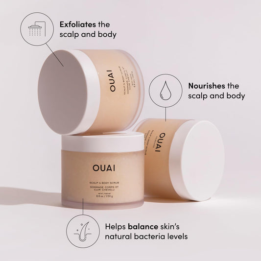 OUAI Scalp & Body Scrub - Foaming Coconut Oil Sugar Scrub and Gentle Scalp Exfoliator Cleanses, Removes Buildup, and Moisturizes Dry Skin - Paraben, Phthalate and Sulfate Free Body Care (8.8oz)