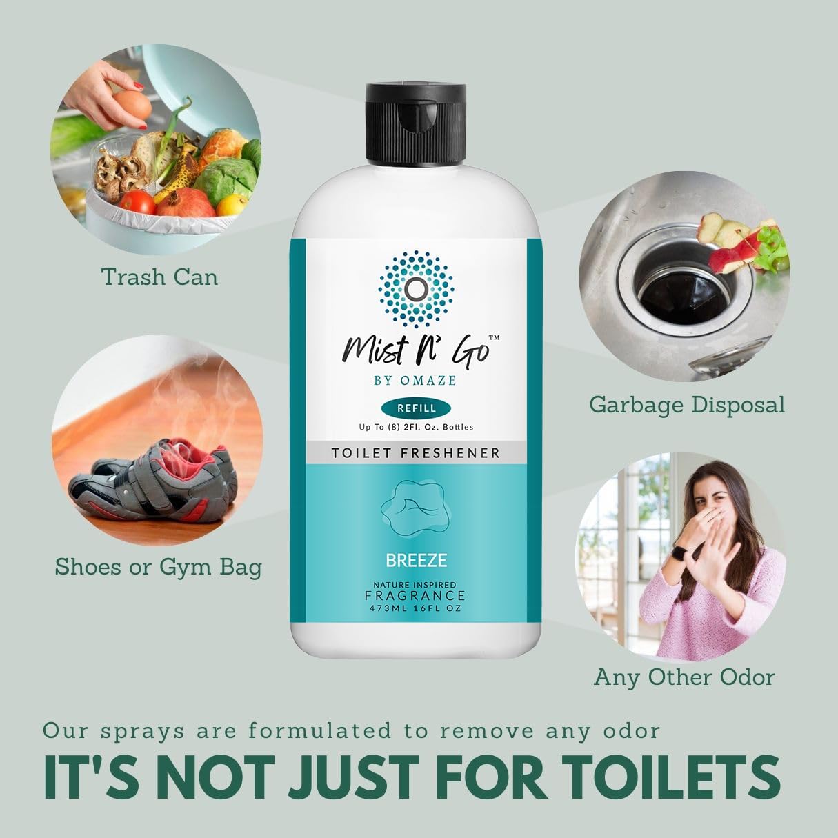 Mist N' Go by OMAZE Bathroom Odor Spray for Toilet Spray Refill Bottle - Multitasking Toilet Spray - Bathroom Spray Odor Eliminator for Strong Odors | Breeze, 16oz + 2oz : Home & Kitchen