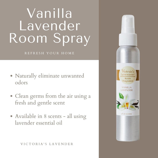 Victoria's Lavender Room Spray, All-Natural Home Atmosphere Spray, Essential Oil Concentrated Room Spray Air Freshener, Bathroom Odor Eliminator, Luxury Room Spray, 2-Pk Vanilla Lavender, 4 oz