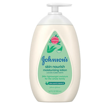 Johnson'S Skin Nourish Moisturizing Baby Lotion With Aloe Vera Scent & Vitamin E, Gentle & Lightweight Body Lotion For The Whole Family, Hypoallergenic, Dye-Free, 16.9 Fl. Oz