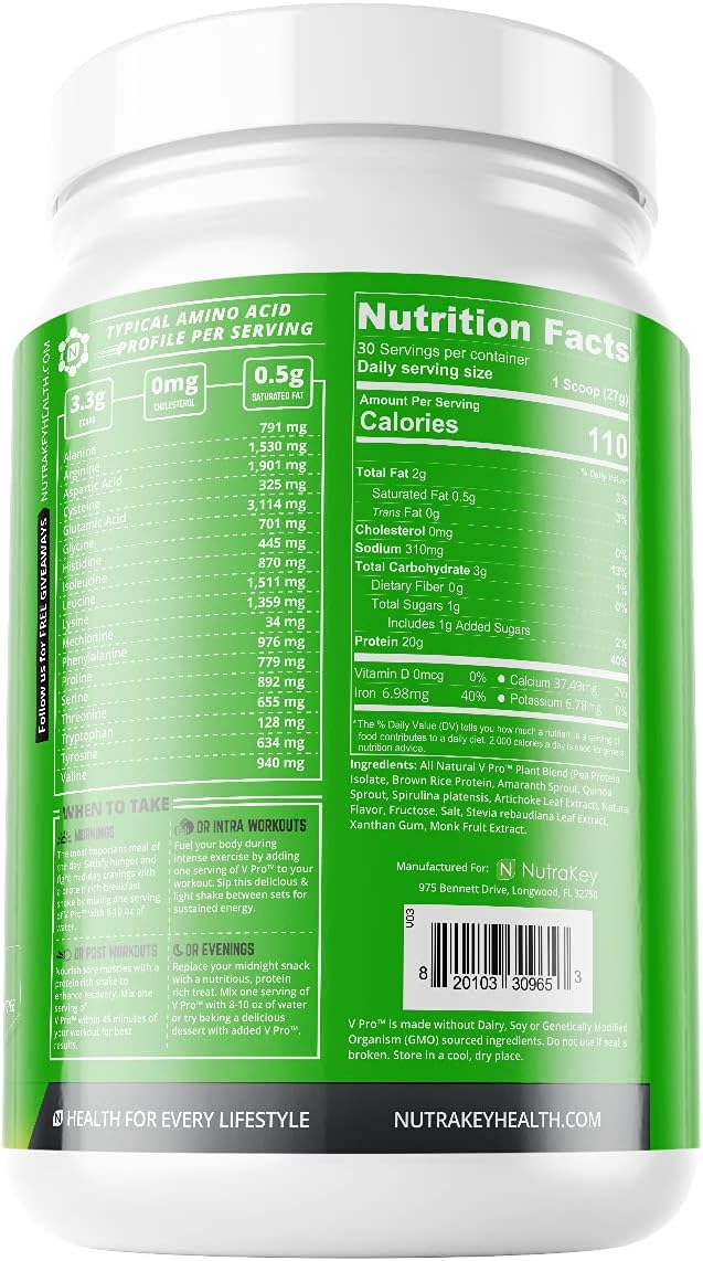 NutraKey V-Pro, Raw Plant Protein Powder, Organic, Vegan, Low Carb, Gluten Free with with 20g of Protein (Vanilla Cookie) 1.78-Pound. : Health & Household