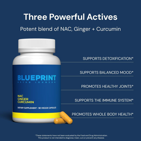 Blueprint Bryan Johnson Nac Supplement - Promotes Stress Relief, Immune System Function, Respiratory Health - Includes N-Acetyl-L-Cysteine, Ginger, Curcuminoids - Detoxifying - Vegan (30 Servings)