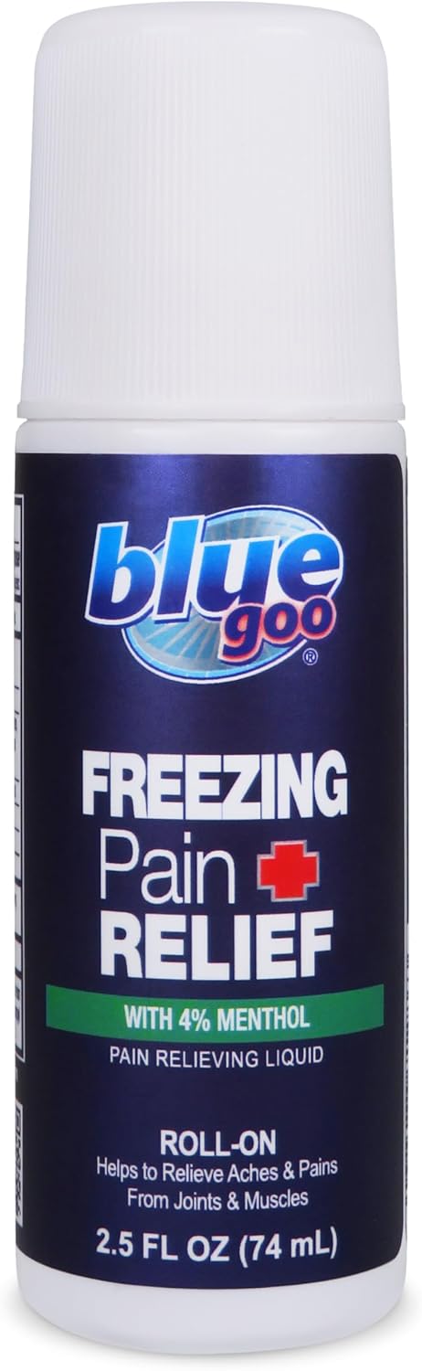 Blue Goo Pain Relieving Menthol Roll On - For Back, Neck, Muscle & Joint Pain, Sprains, Strains - Fast-Acting, Soothing, Cooling Pain Relief Liquid, W/4% Menthol - 2.5 Oz (1 Pack)