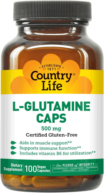Country Life L-Glutamine 500 Mg With B-6 - Amino Acids Supplement For Muscle Support & Gut Health - Vegan, Gluten-Free, Kosher - High Absorption - No Yeast, Corn, Soy - 100 Capsules