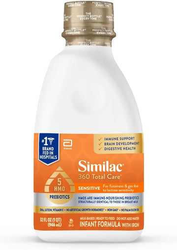 Similac 360 Total Care Sensitive Infant Formula for Fussiness & Gas Due to Lactose Sensitivity, Has 5 HMO Prebiotics, Non-GMO, ‡ Baby Formula, Ready to Feed, 32-fl-oz Bottle