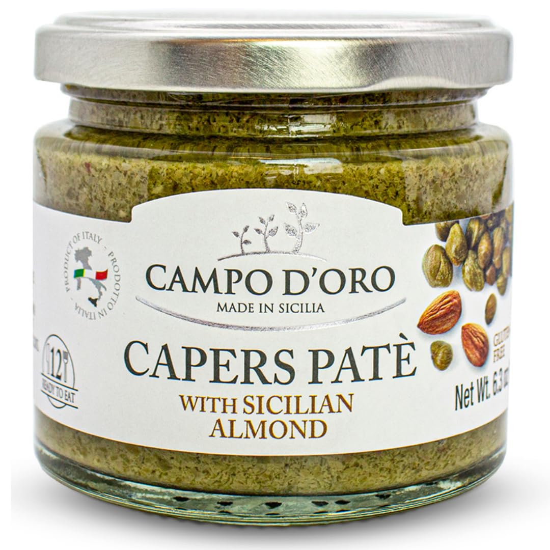 Caper Paté Spread Or Dip, 6.34 Oz 180G. Spreadable Caper & Almond Puree, Sandwich Spread, Non-Gmo, Product Of Italy, Campo D'Oro