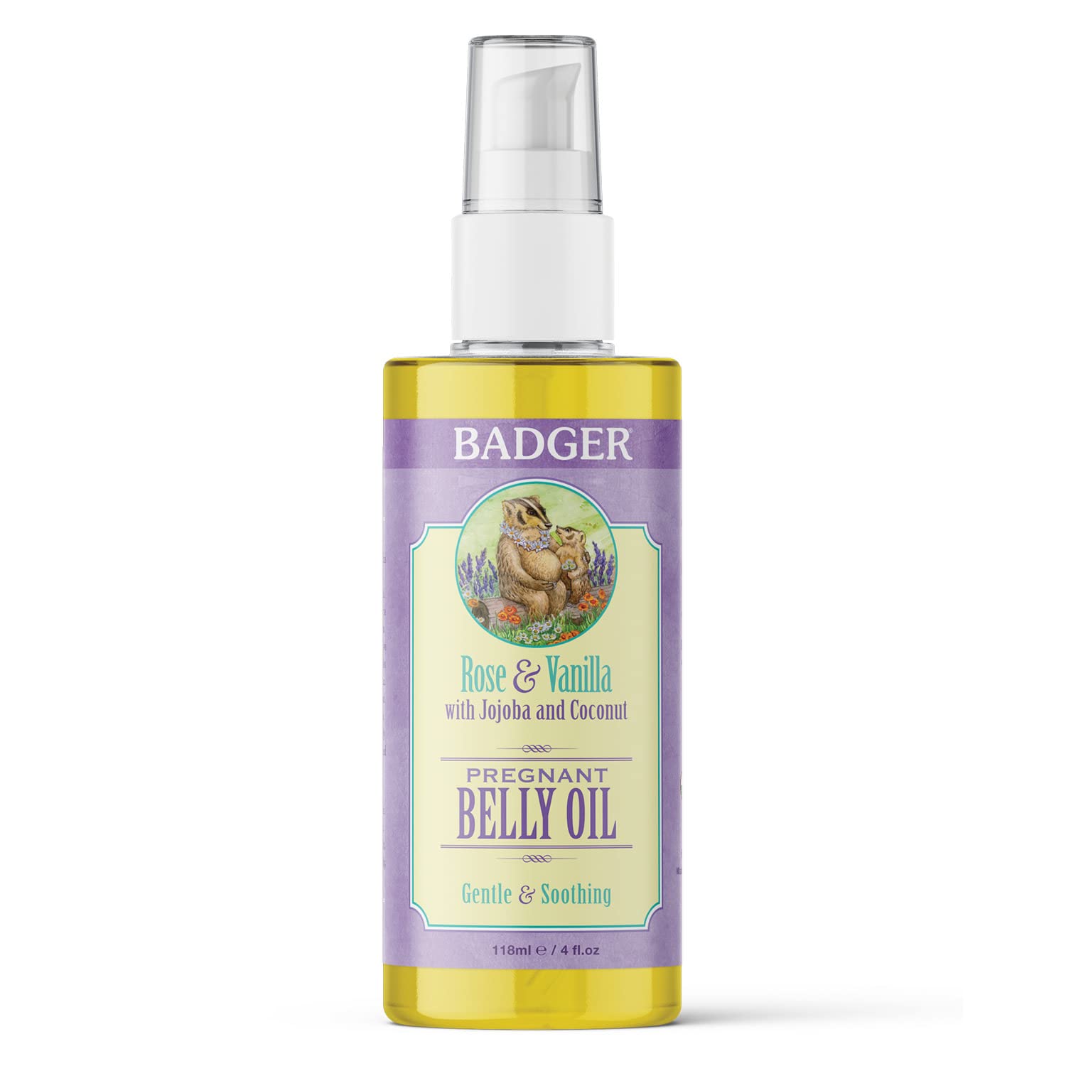 Badger - Pregnant Belly Oil, Rose & Vanilla, Certified Organic, Gentle & Soothing, Jojoba & Coconut Oil, Belly Oil For Stretched Skin During & After Pregnancy, 4 Fl Oz