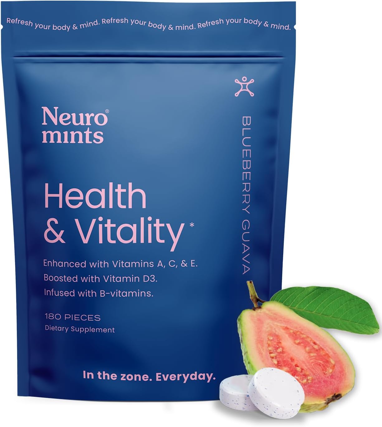 Neuro Mints | Health And Vitality Mints | Vitamin A, C, D3, E, B3, B6, B12, Folate | All Natural + Sugar Free + Vegan + Keto | Multivitamin Supplement For Adults | Blueberry Guava (180 Mints)