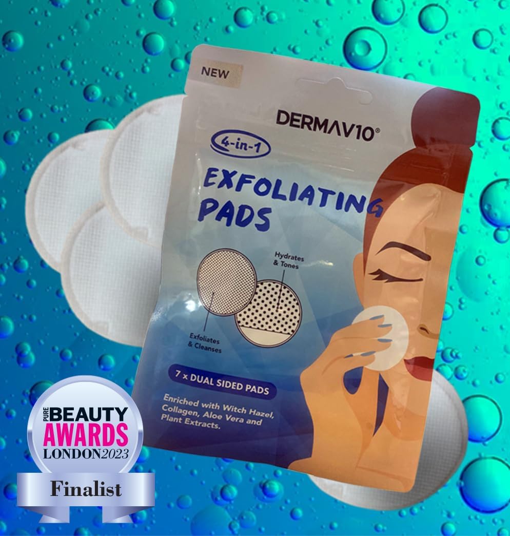 Healthpoint Derma V10 Exfoliating Pads, Pack Of 7 Pre-Moisturised Microfibre Facial Pads, Exfoliate, Cleanse, Hydrate, Tone, Removes Impurities, Enriched With Witch Hazel, Collagen And Aloe Vera