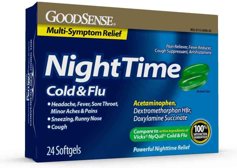Goodsense Nighttime Cold & Flu Softgels, Safe & Effective Relief For Aches, Pains, Cough, Sneezing, Runny Nose, Fever, 24 Count