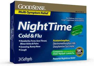 Goodsense Nighttime Cold & Flu Softgels, Safe & Effective Relief For Aches, Pains, Cough, Sneezing, Runny Nose, Fever, 24 Count
