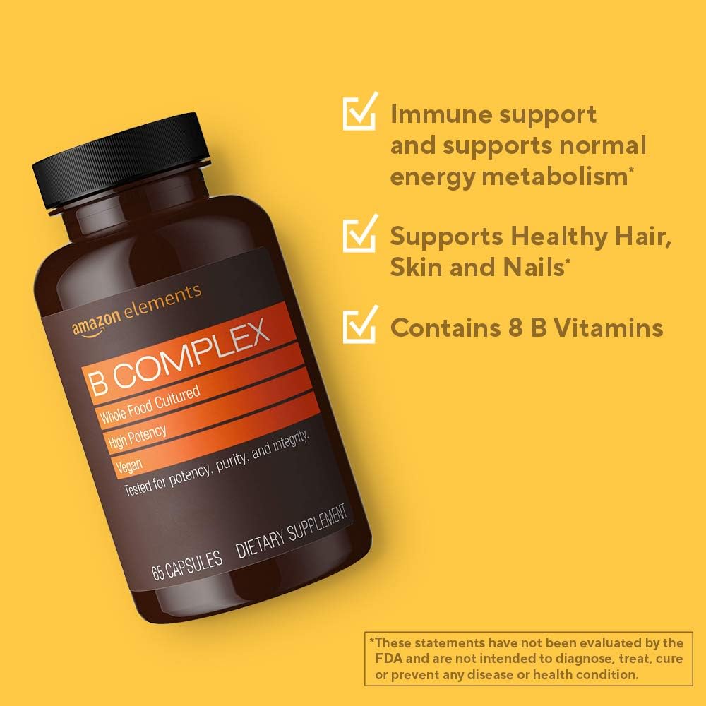 Amazon Elements B Complex, High Potency, 83% Whole Food Cultured, Supports Immune and Normal Energy Metabolism, Vegan, 65 Capsules, 2 month supply (Packaging may vary) : Health & Household