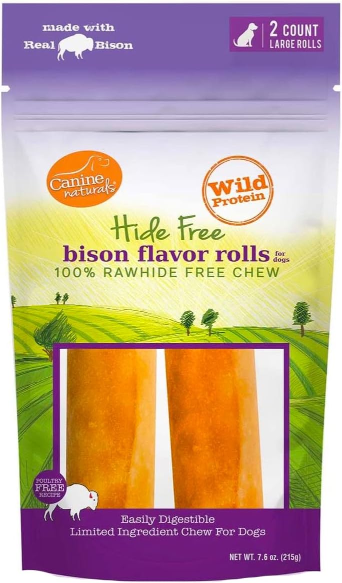 Canine Naturals Bison Chew - Rawhide Free Dog Treats - Made with Real Bison - Poultry Free Recipe - All-Natural and Easily Digestible - 2 Pack of 7 Inch Large Rolls for Dogs 50-75lb