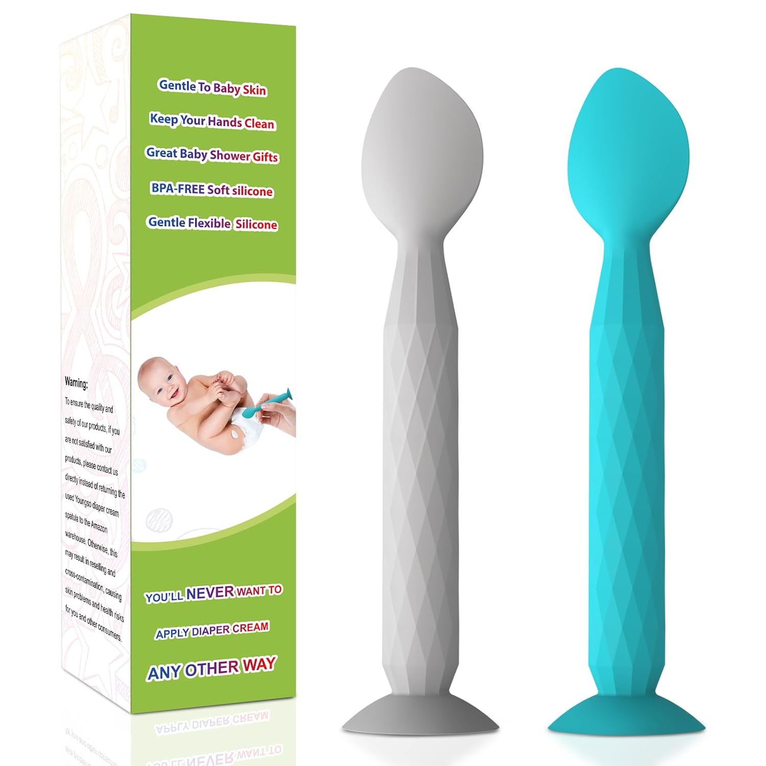 Youngso Diaper Cream Spatula - Diaper Cream Applicator With Suction Cup Base - Hygienic And Easy To Clean -Butt Spatula For Baby Essentials -Baby Shower Gifts - 2 Pack, Blue & Gray