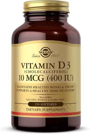 Solgar Vitamin D3 (Cholecalciferol) 10 mcg (400 IU) - 250 Softgels - Helps Maintain Healthy Bones & Teeth - Immune System Support - Non-GMO, Gluten Free, Dairy Free - 250 Servings