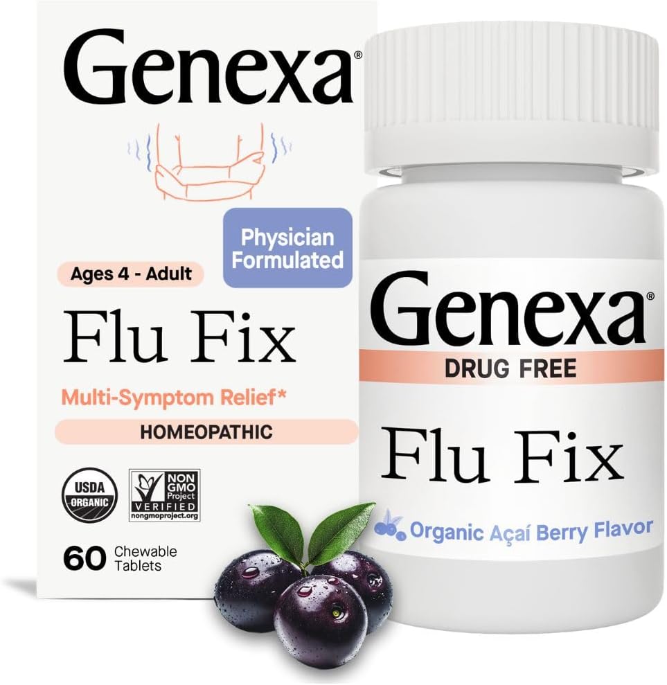 Genexa Flu Fix | Multi-Symptom Flu Remedy For Kids & Adults | Relieves Aches, Fever, Congestion | Acai Berry Flavor | Organic & Non-Gmo | Homeopathic Remedy Made Clean | 60 Chewable Tablets, Ages 4+?