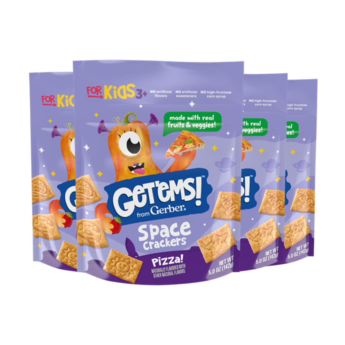 Get'Ems! From Gerber Pizza Space Crackers, Kids Snack Made With Real Veggies & Fruits, Iron & Vitamin E - 4 Pack