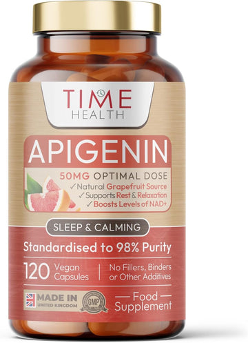 Apigenin - 50Mg X 120 Capsules - 98%+ Purity - Optimal Dose For Sleep & Relaxation Support - Nad+ Booster - Grapefruit Source - Uk Made - Gmp Standards - Zero Additives (120 Count (Pack Of 1))