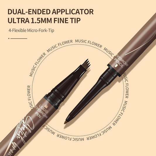 Dual-Ended Microfilling Eyebrow Pen, Liquid Eyebrow Pen With 4 Micro Brush-Tip Applicators & Brow Defining Pencil With Precision Tip (Dark Grey)