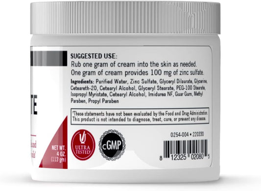 Kirkman - Zinc Sulfate Topical Cream - 4 Fl Oz - Fast Absorption - 10% Zinc Sulfate - Hypoallergenic