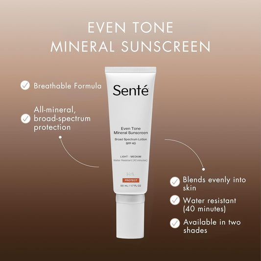 Senté Even Tone Mineral Sunscreen Tinted | Hydrating & Lightweight Uva/Uvb Protection | Reduces Redness & Discoloration | 40-Min Water-Resistant | 1.7 Fl Oz
