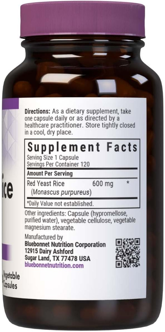 Bluebonnet Nutrition Red Yeast Rice 600 Mg, Heart Health*, Non-Gmo, Vegan, Kosher Certified, Gluten-Free, Soy-Free, Dairy-Free, 120 Vegetable Capsules, 120 Servings
