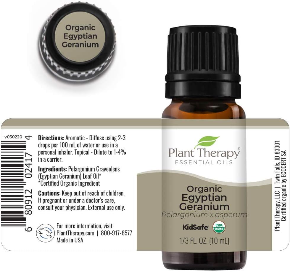 Plant Therapy Organic Egyptian Geranium Essential Oil 100% Pure, USDA Certified Organic, Undiluted, Natural Aromatherapy, Therapeutic Grade 10 mL (1/3 oz) : Health & Household