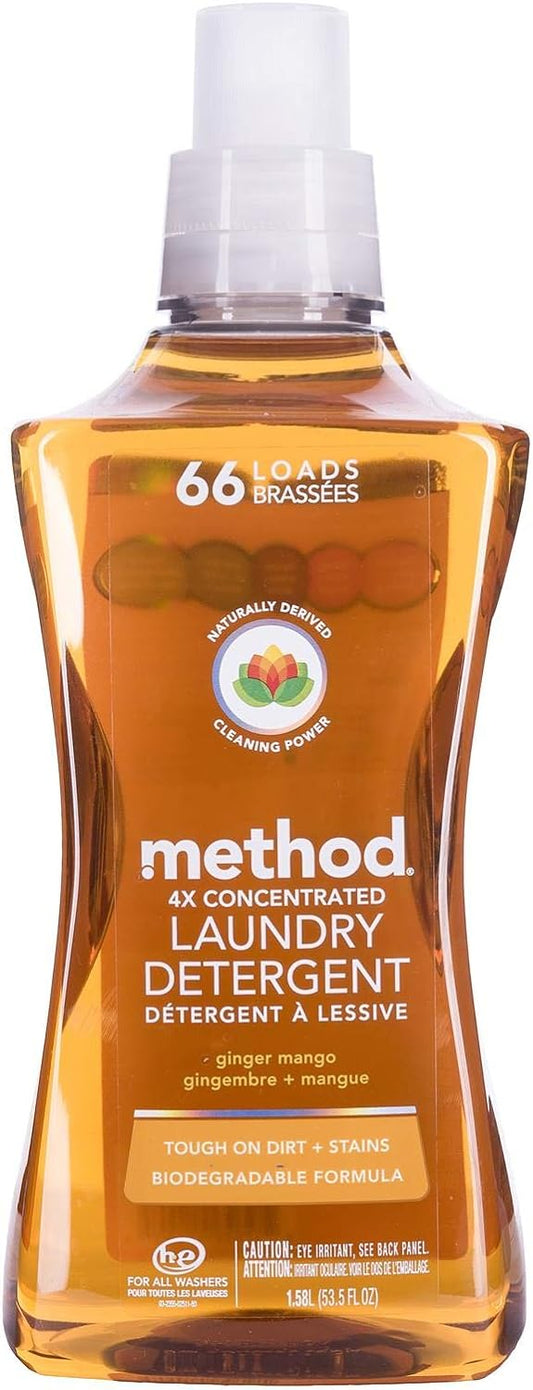 Method Liquid Laundry Detergent, Ginger Mango, 66 Loads Per Bottle, Hypoallergenic + Biodegradable Formula, Plant-Based Stain Remover, 53.5 Fl Oz (Pack of 1)