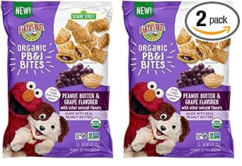 Earth'S Best Organic Kids Snacks, Sesame Street Toddler Snacks, Organic Pb&J Bites For Toddlers 2 Years And Older, Peanut Butter And Grape Flavored With Other Natural Flavors, 3 Oz Bag (Pack Of 2)
