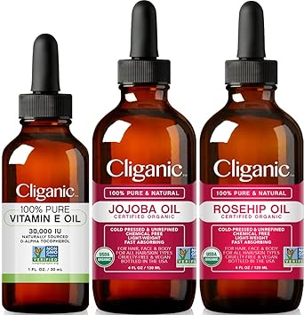 Cliganic Face Oil Trio: Vitamin E, Jojoba, Rosehip Oil