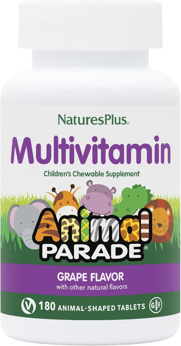 Natures Plus Animal Parade Children'S Chewable Multivitamin - Grape Flavor - 180 Animal-Shaped Tablets - Promotes Health & Well-Being - Vegetarian, Gluten Free - 90 Servings
