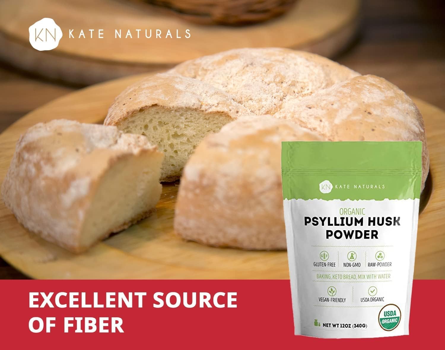 Kate Naturals Psyllium Husk Powder for Fiber Supplement and Baking Low Carb Bread (12 oz) USDA Organic Fiber Powder Unflavored, Gluten-Free, Non-GMO for Digestive System : Health & Household