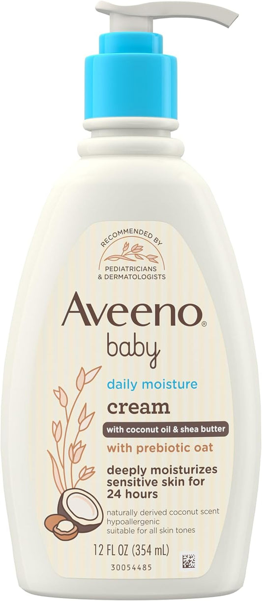 Aveeno Baby Daily Moisturizing Cream with Prebiotic Oat, Baby Lotion with Coconut Oil & Shea Butter Deeply Moisturizes Sensitive Skin, Hypoallergenic with a Gentle Coconut Scent, 12 fl. oz