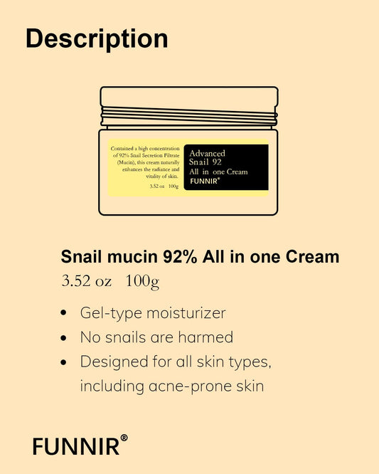 Snail Mucin Moisturizer 92%, Lightweight Moisturing Cream, 100G, Youthful And Radiant Formula, Repair Face Cream For All Skin Types, Skincare Products