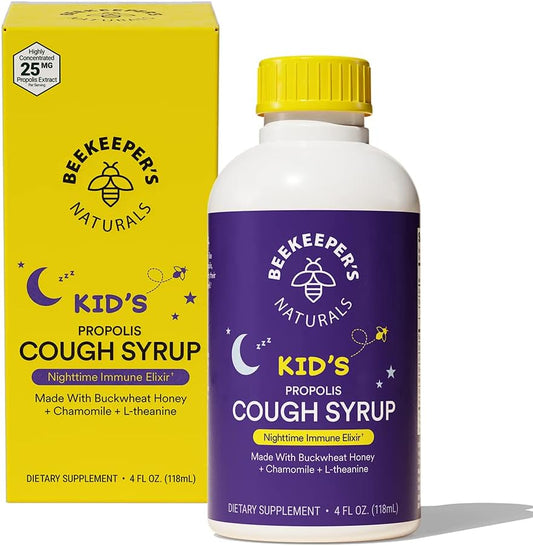 Beekeeper's Naturals Propolis Honey Cough Syrup Nighttime for Kids Immune Support with Propolis, Elderberry & Raw Honey - Sleep Support with Chamomile & L-Theanine - Gluten Free, 4 oz