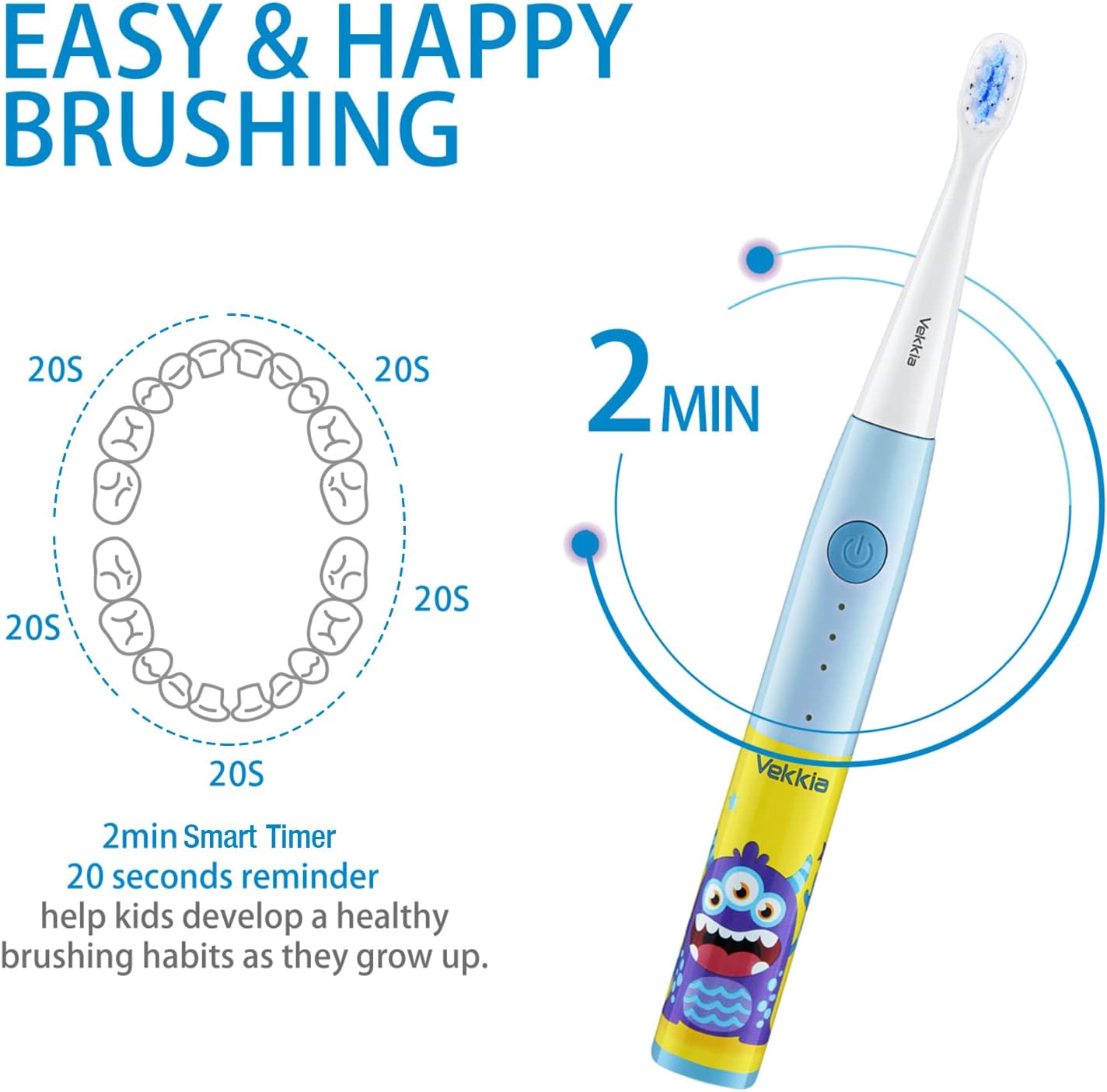 Vekkia Kids Electric Toothbrushes, Kids Toothbrush with 3 Modes and 2-Min Time for Age 3+, IPX7 Waterproof, 4 Soft Bristles(Three-Eyed Monster) : Health & Household