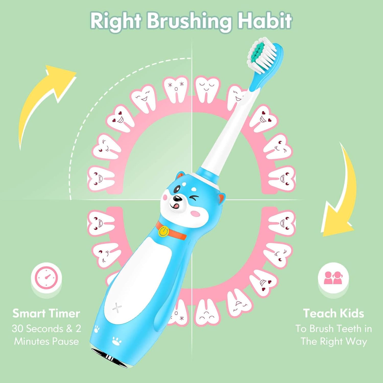 DADA-TECH Kids Electric Toothbrush Rechargeable, Sonic Silicone Teeth Brush with Timer for Children Boys Girls Ages 3+, 3 Modes with Memory, 4 Soft Brush Heads (Blue Shiba Inu Dog) : Health & Household