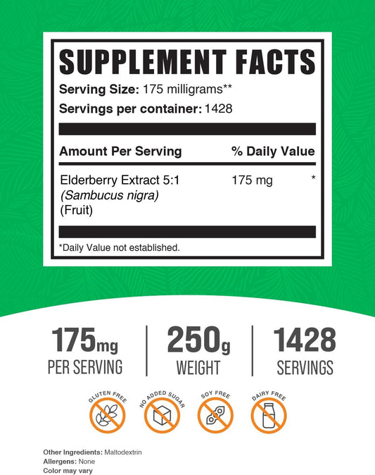 BulkSupplements.com Elderberry Extract Powder - Elderberry Supplements, from Black Elderberry - for Immune Support, Gluten Free - 175mg per Serving, 250g (8.8 oz) (Pack of 1)