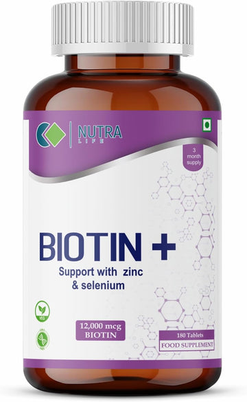 Biotin With Zinc & Selenium Tablets - Thicker Hair And Fuller Beard - Faster Nail Growth - Healthy Skin - For Men & Women - Max Strength Hair Vitamins -12000 Mcg X 180 Tablets-Nutra Life