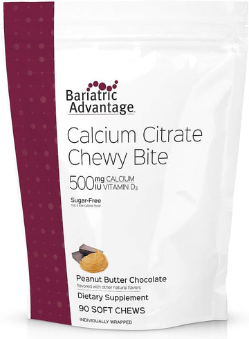Bariatric Advantage Calcium Citrate Chewy Bites 500mg with Vitamin D3 for Bariatric Surgery Patients Including Gastric Bypass and Sleeve Gastrectomy, Sugar Free - Peanut Butter Chocolate, 90 Count