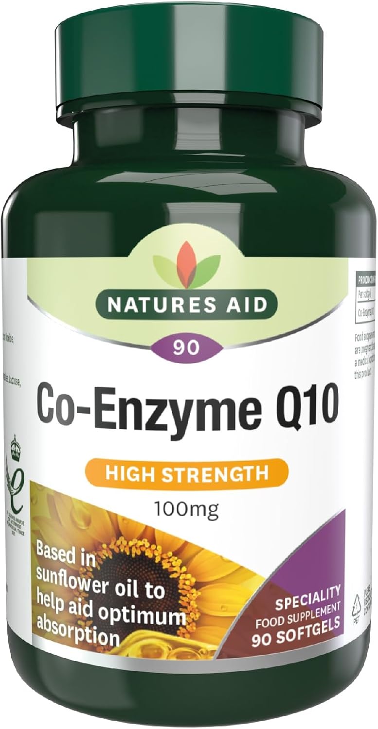 Natures Aid Co-Q-10 100Mg – Co-Enzyme Q10 Supports Energy Production & Heart Function – High Strength Ubiquinone – Pack Of 90 Softgels – Gluten Free – Non-Gmo – Sunflower Oil Base For Absorption