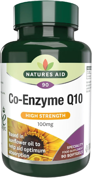 Natures Aid Co-Q-10 100Mg – Co-Enzyme Q10 Supports Energy Production & Heart Function – High Strength Ubiquinone – Pack Of 90 Softgels – Gluten Free – Non-Gmo – Sunflower Oil Base For Absorption