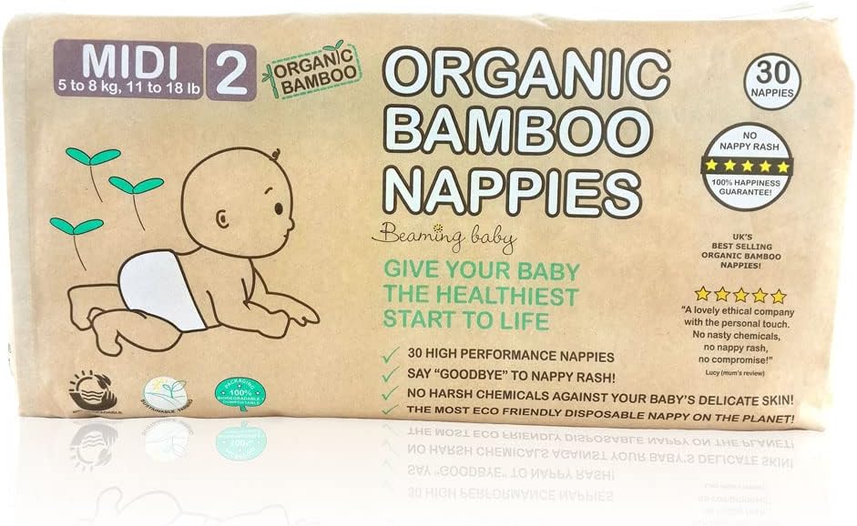 Beaming Baby Organic Bamboo Eco Nappies Size 2 (5-8 Kg/11-18 Lb) 30 In Pack. Biodegradable, Hypoallergenic For Sensitive Skin, Recyclable Paper Packaging