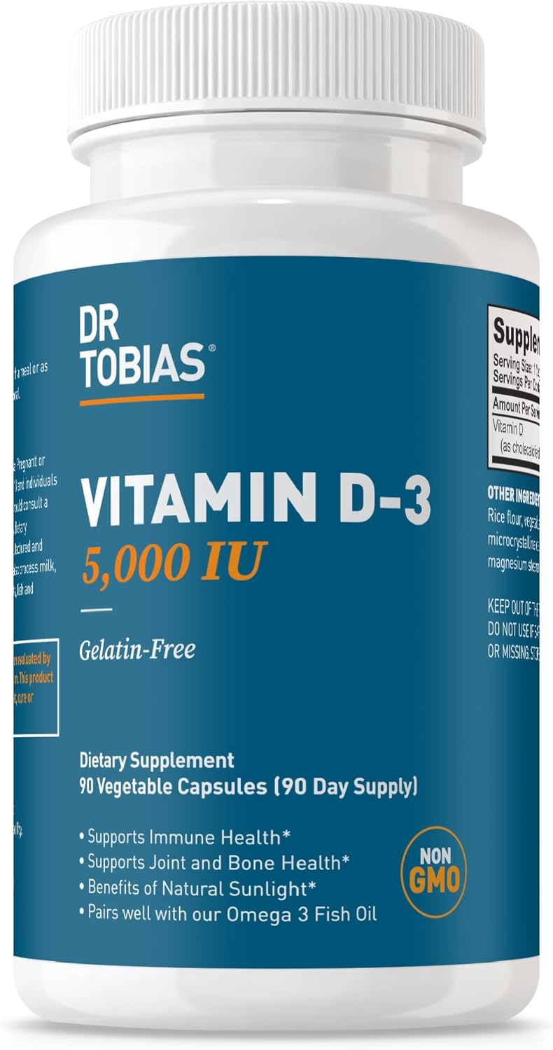 Dr. Tobias Vitamin D3 5000 Iu, Essential For Healthy Bones, Teeth, And Immune System, Extra Strength Vitamin D Supplement, Non-Gmo, 90 Capsules, 90 Servings