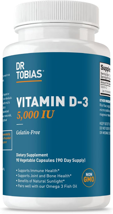 Dr. Tobias Vitamin D3 5000 Iu, Essential For Healthy Bones, Teeth, And Immune System, Extra Strength Vitamin D Supplement, Non-Gmo, 90 Capsules, 90 Servings