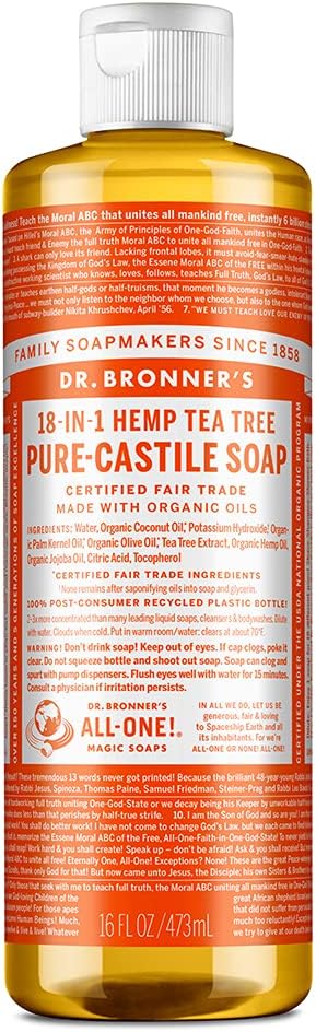Dr. Bronner's - Pure-Castile Liquid Soap (Tea Tree, 16 ounce) - Made with Organic Oils, 18-in-1 Uses: Acne-Prone Skin, Dandruff, Laundry, Pets and Dishes, Concentrated, Vegan, Non-GMO