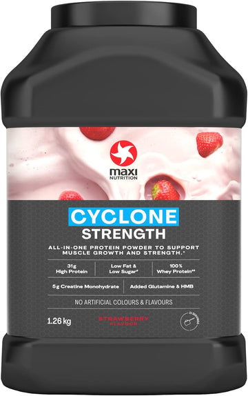 MaxiNutrition - Cyclone, Strawberry - Premium Whey Protein Powder with Added Creatine ? Low in Sugar and Fat, Vegetarian-Friendly - 31g Protein, 205 kcal per Serving, 1.26kg