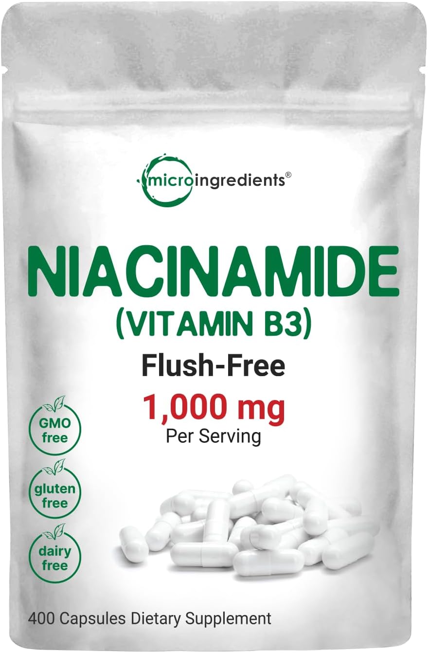 Micro Ingredients Vitamin B3 Nicotinamide 1,000mg Per Serving, 400 Capsules | Flush Free Niacin, Essential B Vitamin Supplement | Skin Care Health & Energy Support | Non-GMO, Gluten Free